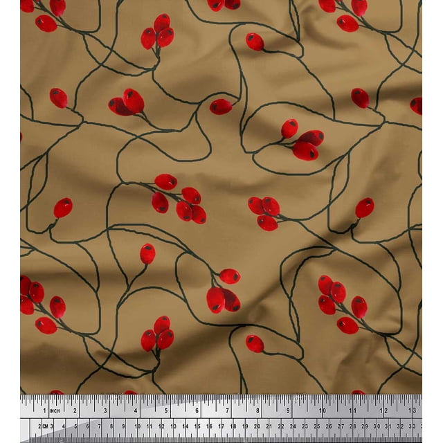 Soimoi Brown Velvet Fabric Red Berries Fruits Decor Fabric Printed Yard 58 Inch Wide