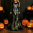 thumbnail image 2 of Xijirk Women Halloween Skull Rose Embroidered Maxi Dress Long Sleeve Round Neck Velvet Trailing Hem Outfit for Cosplay Party Festival Casual Gathering Wear,3XL, 2 of 4