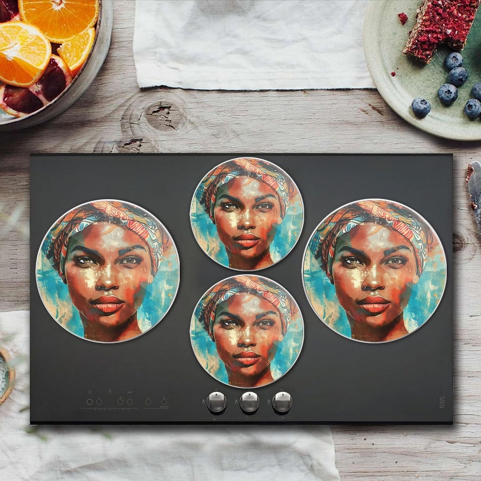 BaHomeck Electric Stove Burner Covers Set of 4,Round Metal Gas Stove Burner Covers 8 Inch and 10 Inch,Kitchen Decor,Beautiful Black Woman With African Head Wrap