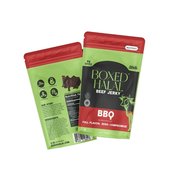 BOXED HALAL Premium 100% Grass-Fed BBQ Beef Jerky Strips, 13g Protein, HFSAA Certified Halal, Keto Friendly Snack, 3 Oz. Bags (3 Pack)