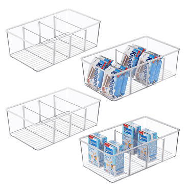 Vtopmart Food Storage Organizer Bin with 4 Compartment , Clear Plastic Pantry Organizing Bins, for Spice Packets, Snacks, Pouches, Set of 4