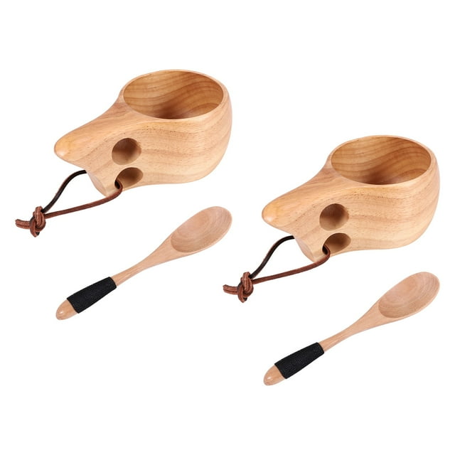 Paquete de 2 Tazas de Madera de Estilo NóRdico, Kuksa PortáTil para Acampar al Aire Libre, para Beber, de Café de Madera con Cuchara de Madera