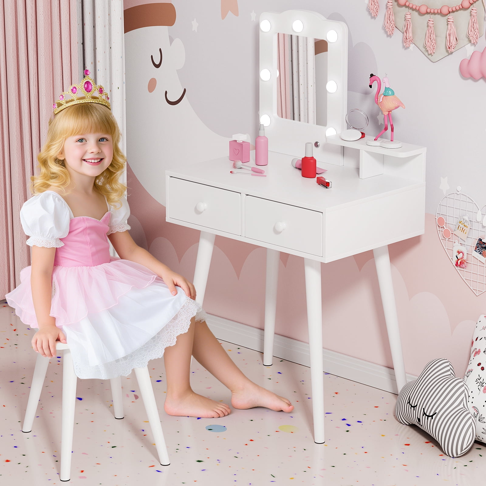 Arlopu Kids Vanity Table & Stool Set, Wooden Makeup Table and Chair Set with Storage Drawer, LED Lights & Mirror
