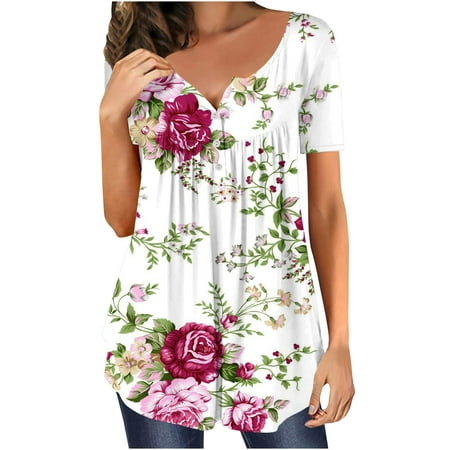 

Yourumao Women Clearance Tops Rose Vine Floral Graphic Slim Tunics Bustier for Women Fall Summer Short Sleeve Crewneck Henley Brunch Pleated Blouses Camisole Teen Girls Button Clothing Fashion