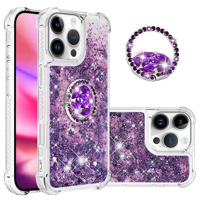 Funda para iPhone 16 Pro con Brillo Líquido Flotante, Purpurina, Parachoques y Anillo Giratorio Soporte