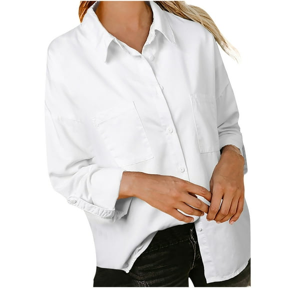 Edvintorg Denim Jacket Women Women's Fashion Fall Winter Jean Jacket Turn Down Collar Solid Color Long Sleeve Buttons Shirts Casual Tops White Xl