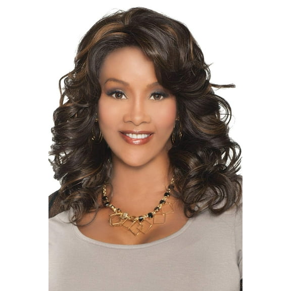 Goldie-V Wig Color M1PB - Vivica Fox Wigs 18" Long Body Layered Wavy Lace Front Heat Friendly Synthetic African American Black Womens Bundle MaxWigs Hairloss Booklet