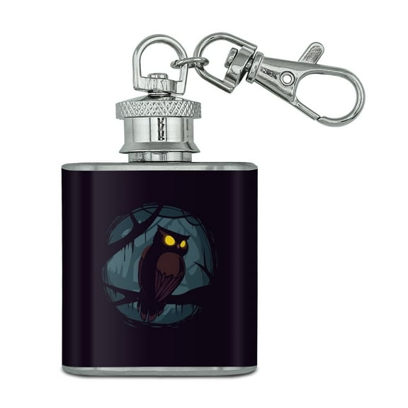 Horned Owl Night Eyes Stainless Steel 1oz Mini Flask Key Chain