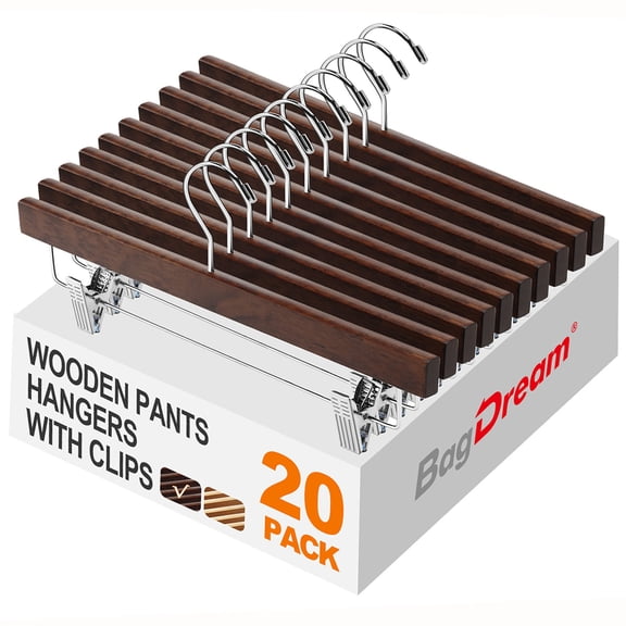 BagDream Wooden Pants Hangers with Clips, 14 Inch Wood Skirt Hangers Trousers Bottom Hangers for Jeans, Slacks, Shorts, 20 Pack, Walnut