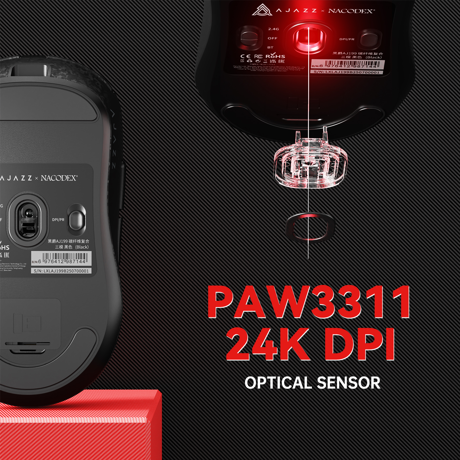 Ajazz Ultra-Lightweight 55g Wireless Gaming Mouse 24000 DPI PAW3311 Sensor Carbon Fiber Shell TTC 60M Clicks Switches 500mAh Battery 1K Polling Rate Durable & Anti-Slip Design Black