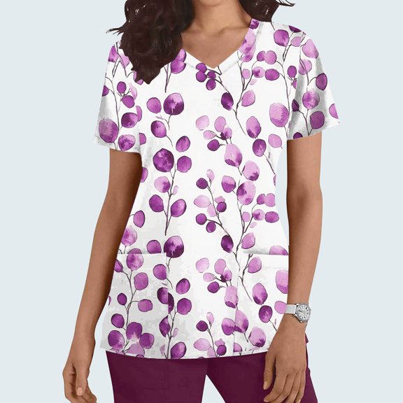 Kctiaxy Womens Short Sleeve Tops Summer Print Graphic Scrubs for Women Fashionable Casual V-Neck Work T Shirt for Women with Pockets