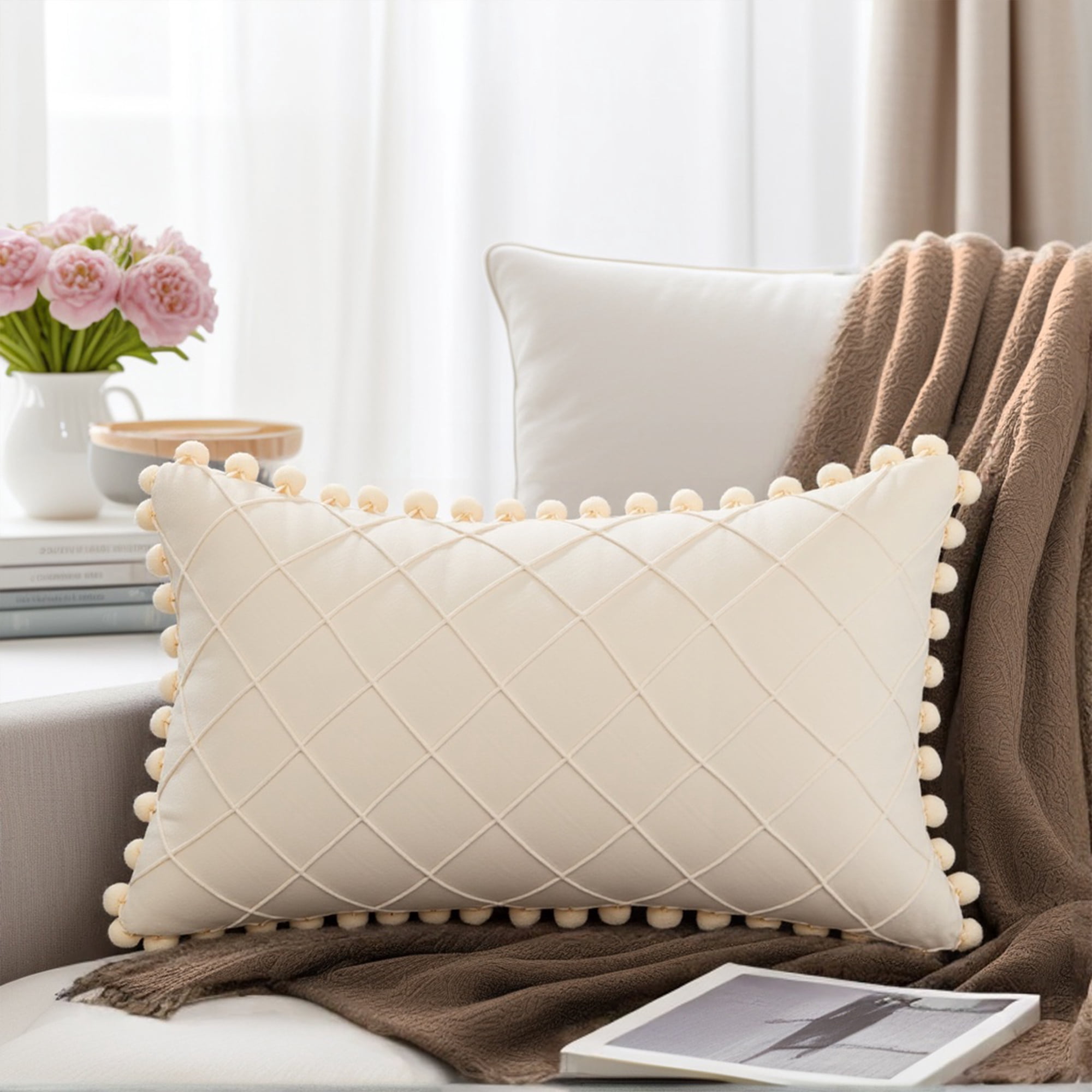Unique Bargains Soft Pom-poms Velvet Throw Pillow Covers Grey 12" x 20"