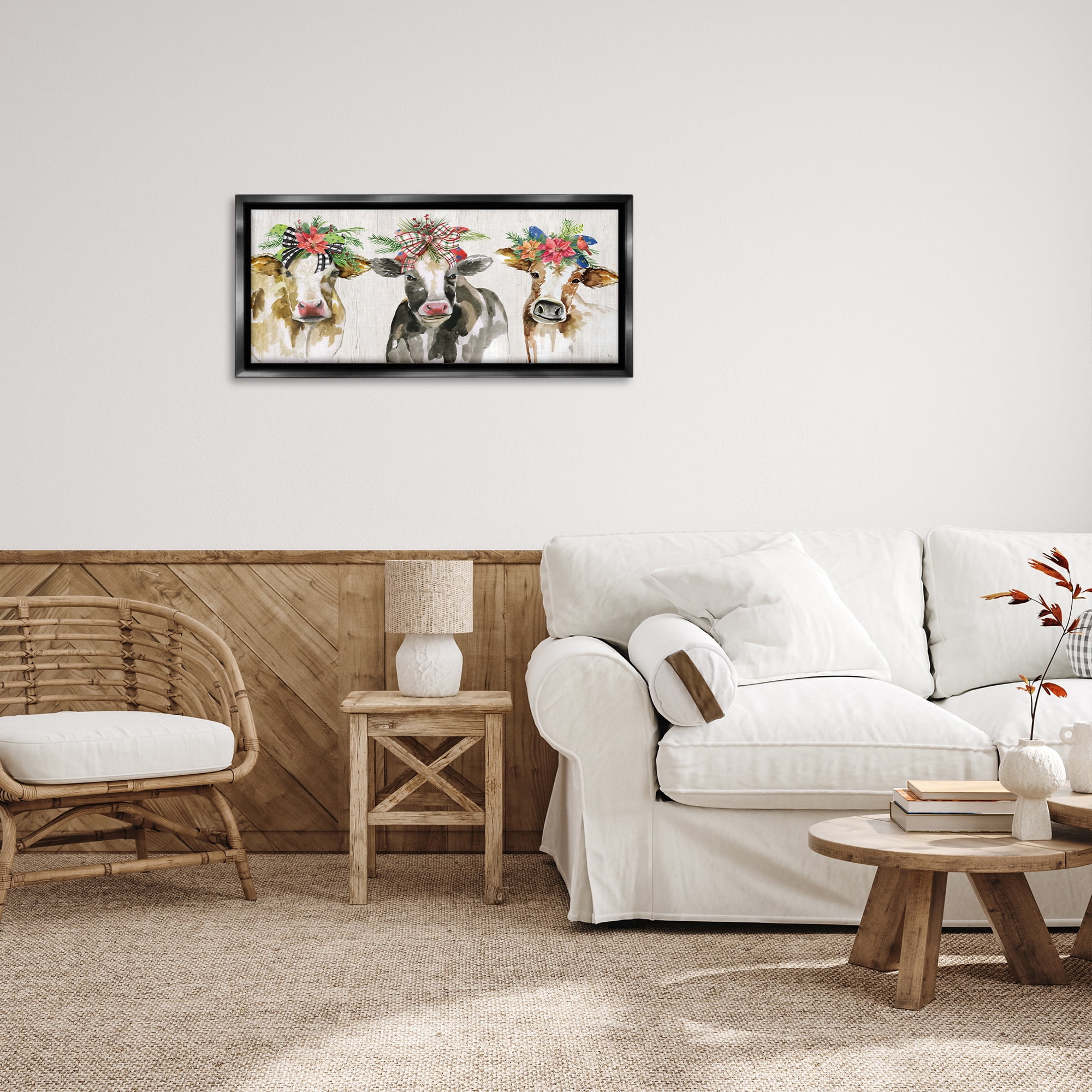 Stupell Industries Three Cows Seasonal Floral Crowns Animals & Insects Painting Black Floater Framed Canvas Art Print Wall Art, 31 x 14