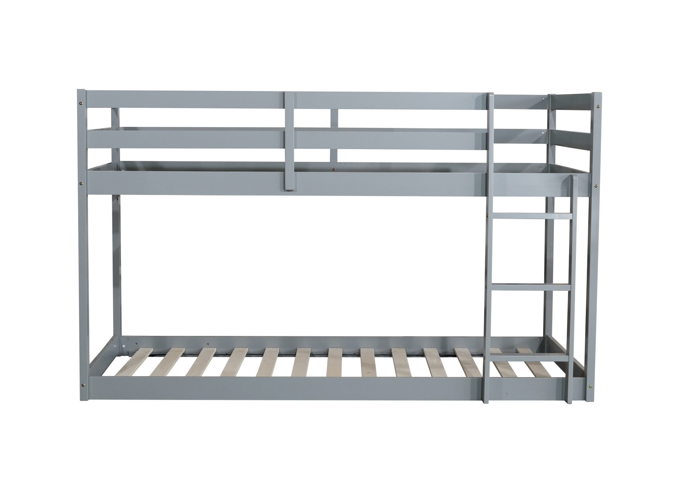 Noble House Alina Twin Over Twin Floor Bunk Bed with Ladder, Solid Rubber Wood Frame with Strengthened Slats, Grey
