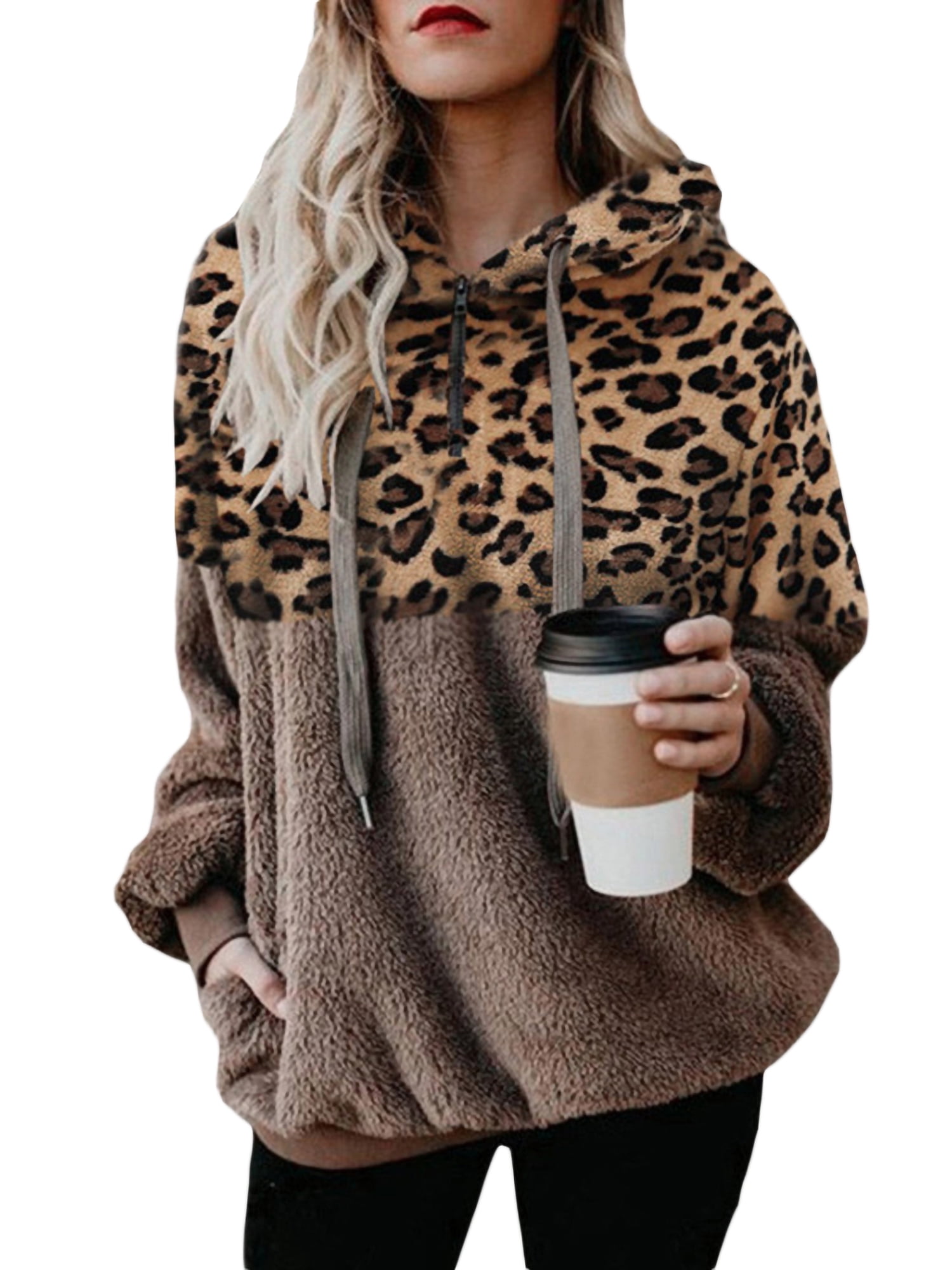 Women's Casual Leopard Long Sleeve Hoodie Sweatshirt Hooded Tops Jumper Pullover 