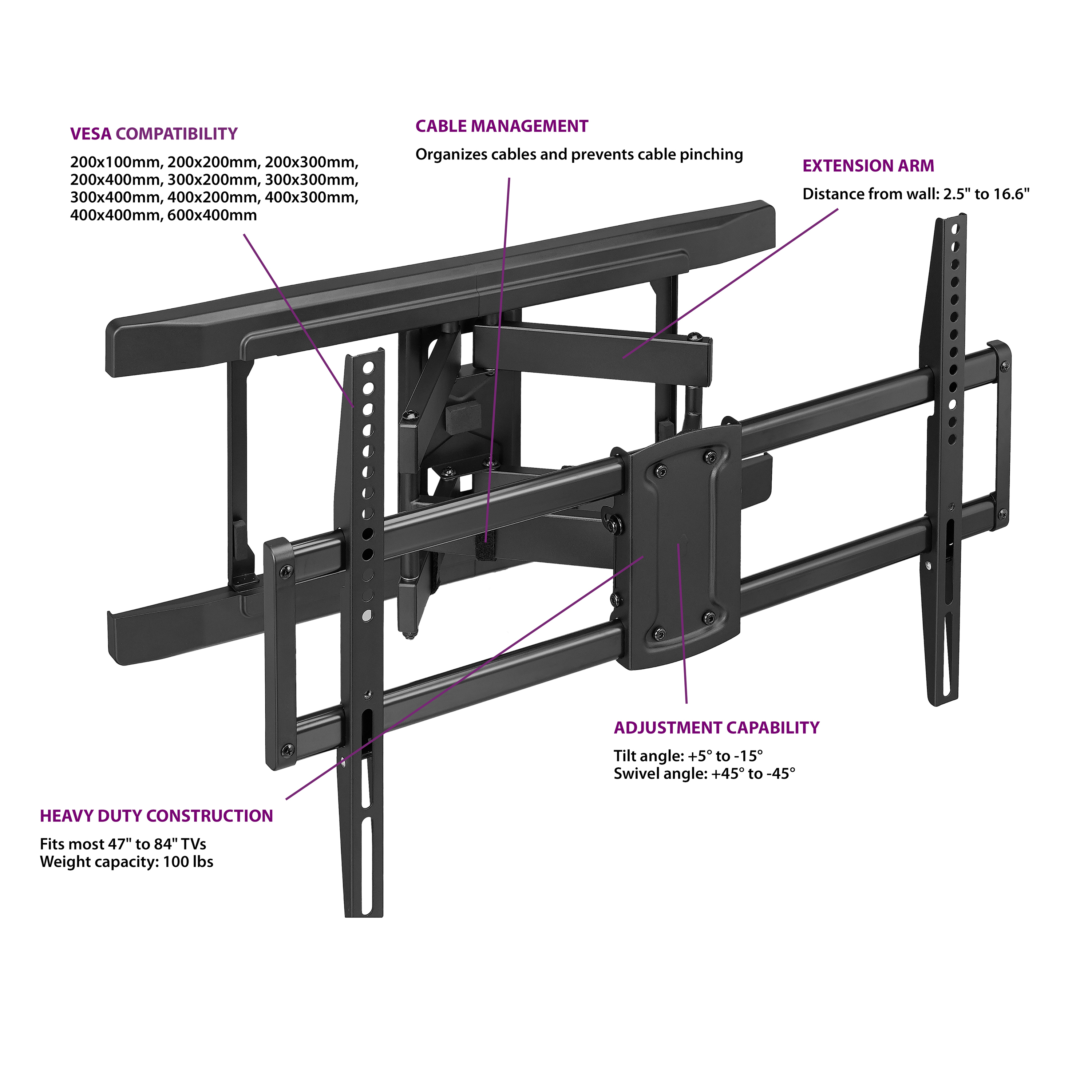 onn. Full Motion TV Wall Mount for TVs 47-84", Dual Swivel Articulating Arms - image 5 of 5
