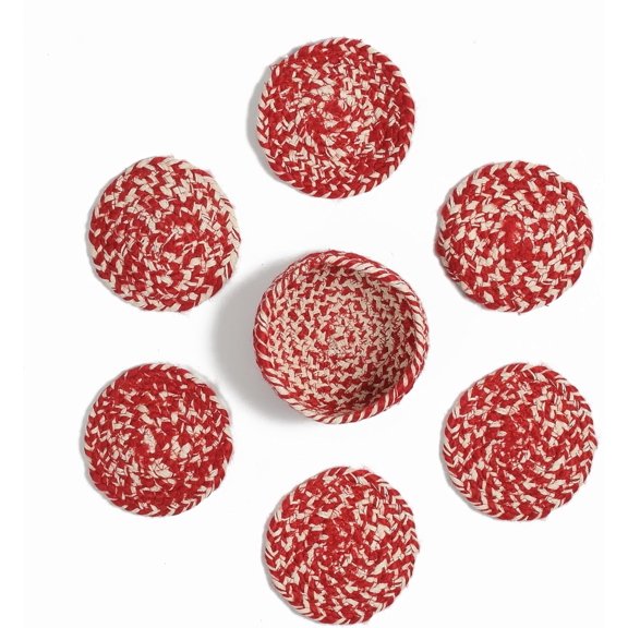 Coasters Set of 6 for Drinks, Cotton Woven Absorbent Coasters with Holder – Boho Style Tabletop Protection for Coffee, Beer & Cups (Red & White)