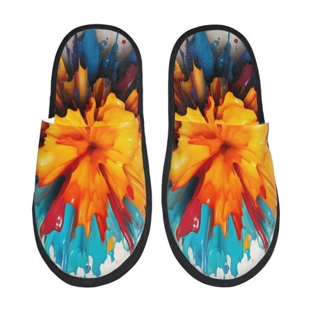 Balery Colorful Paint Print Slient Indoor Furry Fleece Comfort House Shoes Soft Non-Slip Home Shoes Cotton slippers House Slippers-- Large