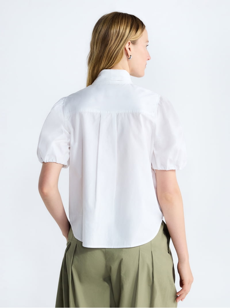 Free Assembly Women's Cotton Bow Blouse with Short Puff Sleeves