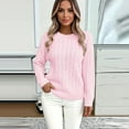 thumbnail image 5 of Women's Fall Winter Solid Color Long Sleeve Knit Sweater Round Neck Casual Pullover Top for Layering Winter Clothes,Pink,Size S, 5 of 5
