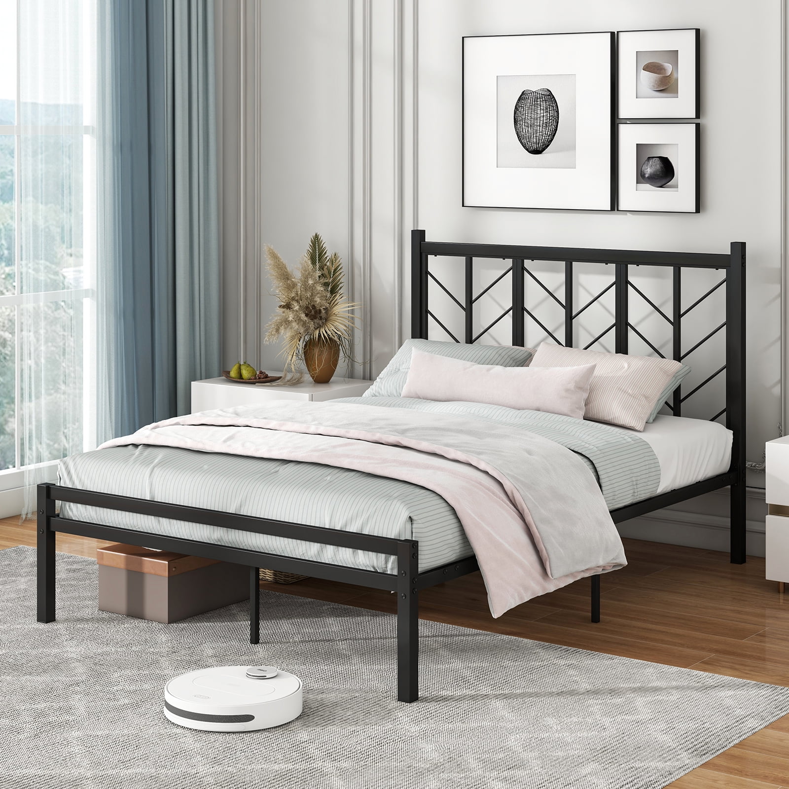 Cadre De Lit Double 140x190 Avec Tête De Lit En Bois Et Structure Métal VECELO