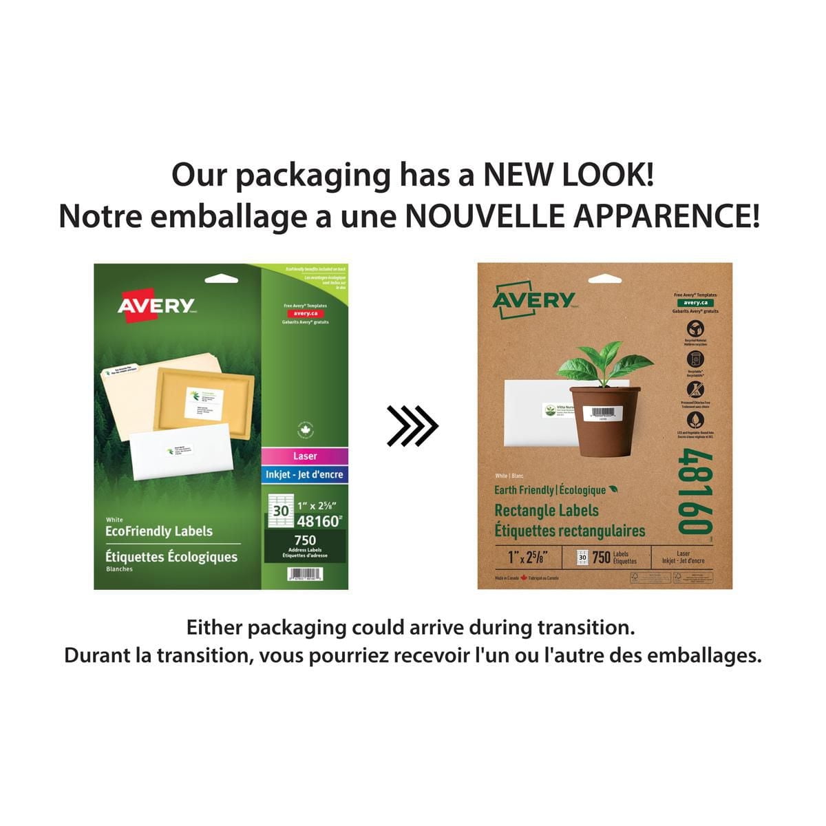 Avery® Étiquettes d'adresse écologiques pour imprimantes à laser ou jet d'encre, 1" x 2⅝", 48160, Etiquettes rectngulaires blanches, paquet de 750