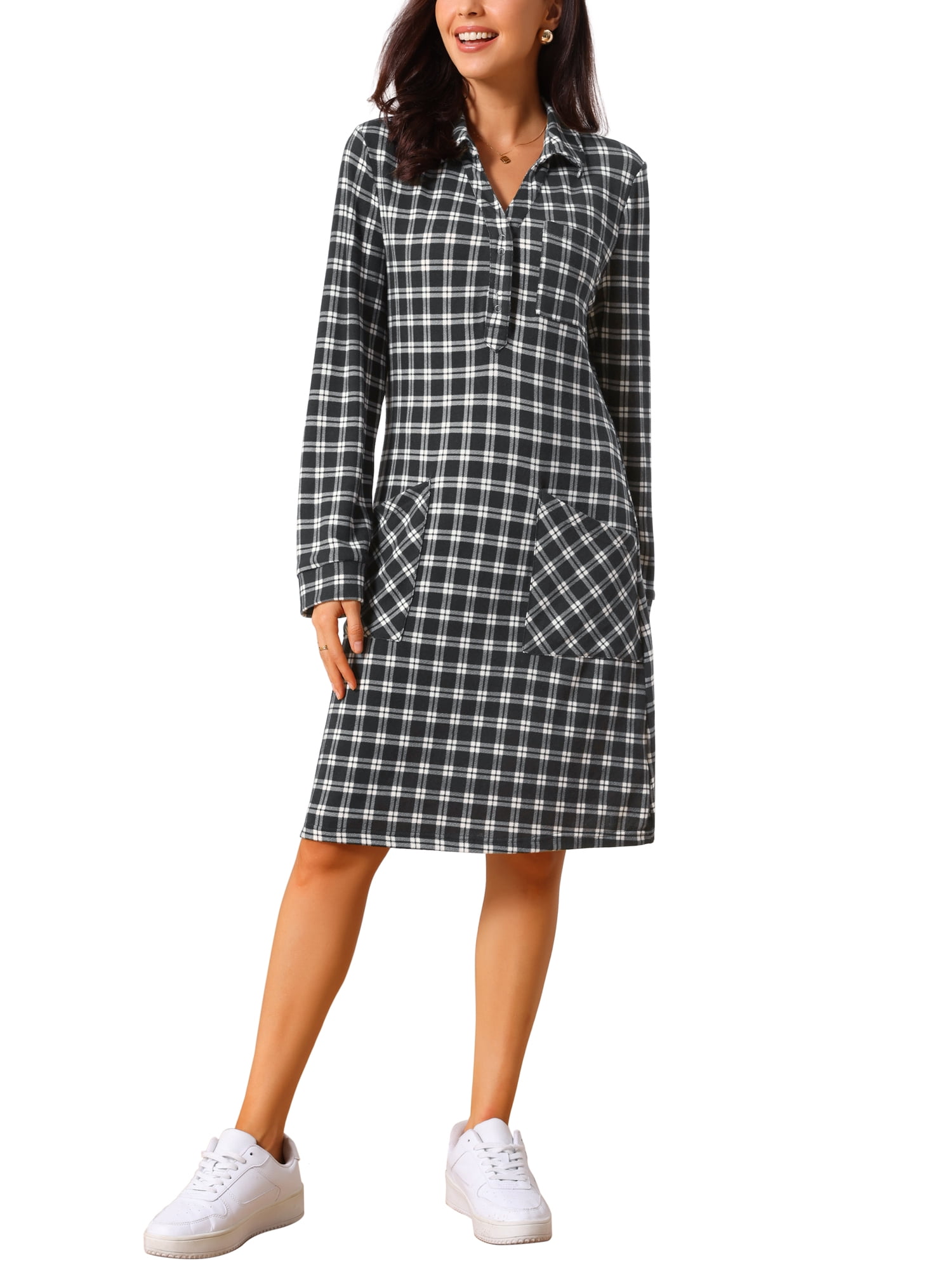 DARING DIVA Women's Vintage Plaid Long Sleeve Casual Knee Length Dress S Black