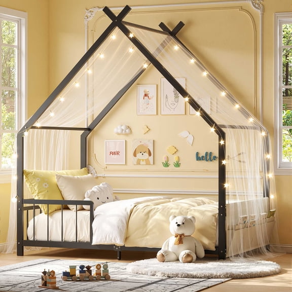 SESSLIFE Toddler Twin Bed for Kids, Metal Floor Bed with Roof, Storage Caddy and Guardrails, Toddler Bed Frames for Boys and Girls, No Box Spring Needed, Black