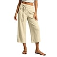 thumbnail image 3 of Wide Leg Palazzo Capri Pants for Women Lightweight Drawstring Loose Flowy Dressy Capris Casual Summer Bottoms With Pockets Khaki M, 3 of 8