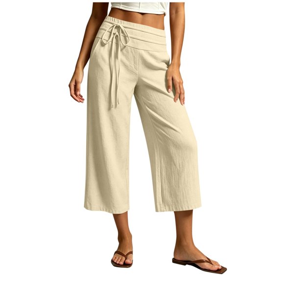 Capris for Women Mid Waisted Wide Leg Cropped Pants Casual Loose Side Tie Summer Vacation Trousers with Pockets Khaki M