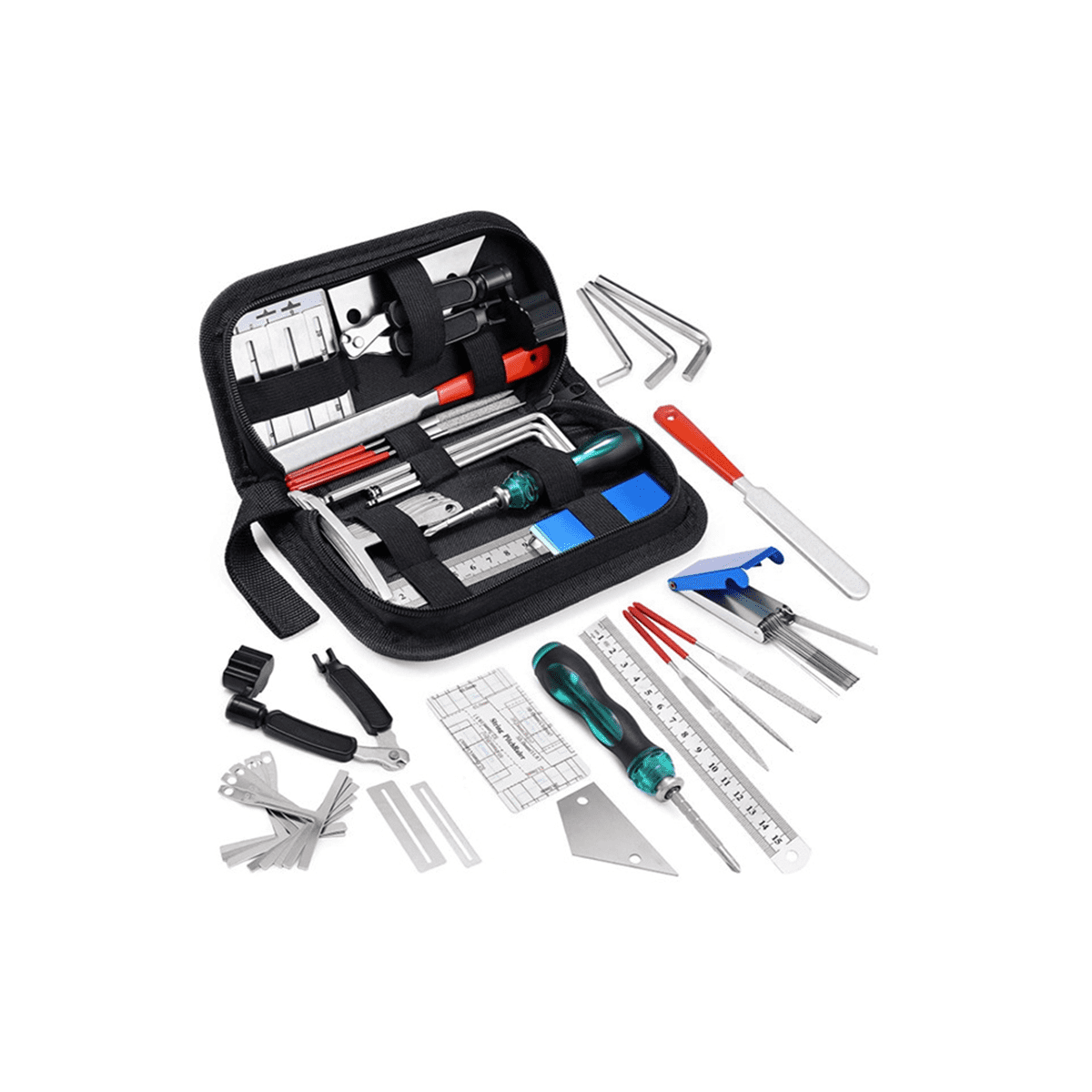Guitar Repair Tool Kit, String Changing Tool, Wrench, Grinding File, Measuring Ruler, Stringer, Leveling Ruler, 25 in 1