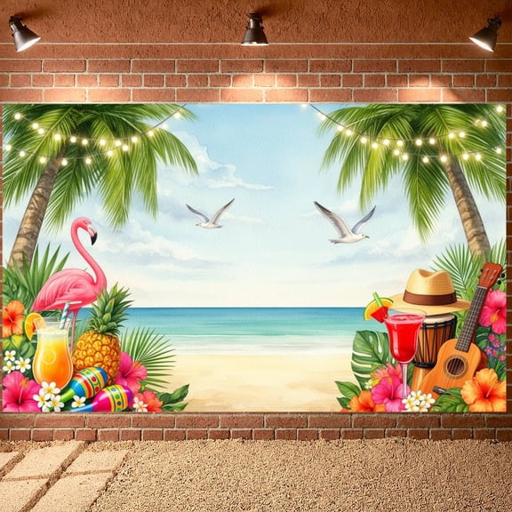 Flamingo Themed Tropical Party Banner Palm Tree Decorated Beach Celebration Backdrop Hibiscus Floral Luau Party Background for Summer Parties Outdoor Gatherings Beach Weddings