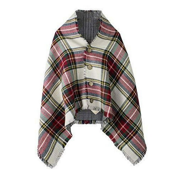 StylesILove Women Ultra Soft Plaid Poncho with Coconut Buttons Sweater Pullover Cardigan Warm Wrap Topper
