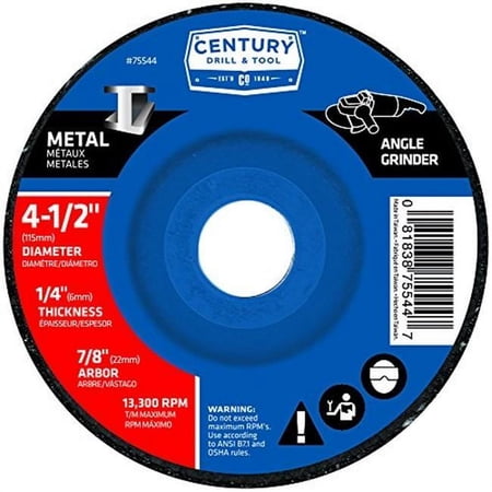 UPC: 0081838755447 | Century Drill & Tool 75544 Metal Grinding Wheel Type 27 – 4.5 x 0.25 in.