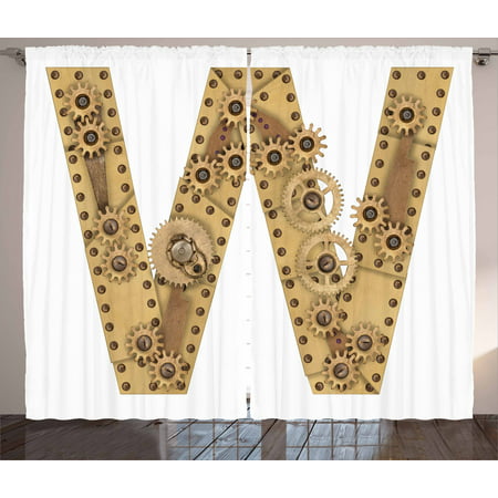 Letter W Curtains 2 Panels Set, Steampunk Style Automated ABC Symbol Uppercase W Gears Structure Worn Look Print, Window Drapes for Living Room Bedroom, 108W X 84L Inches, Sand Brown, by