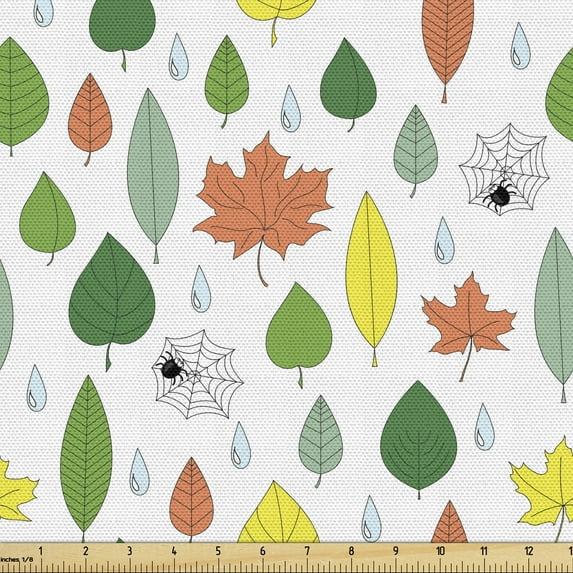 Autumn Fabric by the Yard Upholstery, Falling Leaves from Different Deciduous Trees Foliage Funny Spiders and Raindrops, Decorative Fabric for DIY and Home Accents, Multicolor by Ambesonne