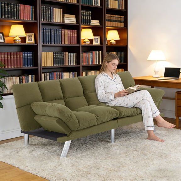 BSHTI 67.3 Futon Sofa Bed, Converts to Twin Sleeper in Seconds, 3-Position Adjustable Backrest, Corduroy Upholstery for Living Room, Office, Guest Room