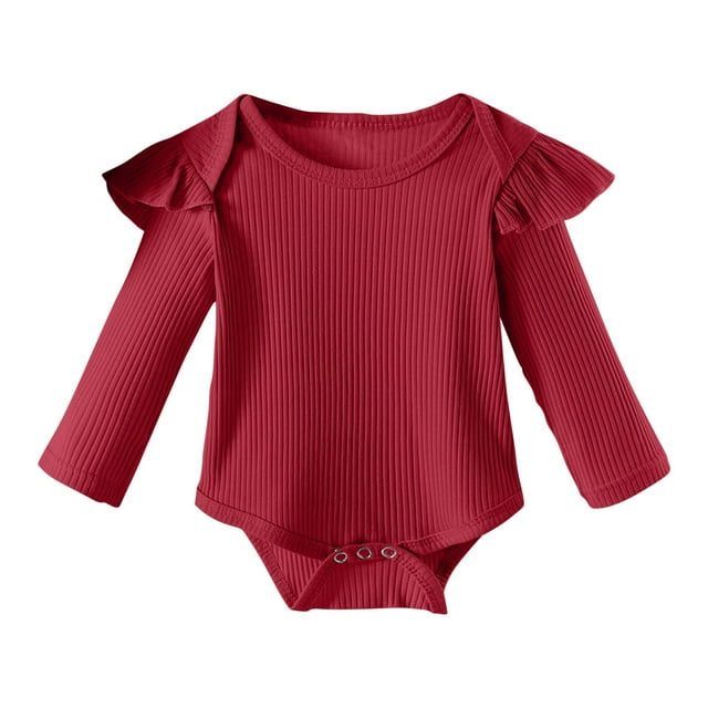 UAMVSH Baby Boy Girl Long Sleeve Ruffle Romper Bodysuits Ribbed Knitted Jumpsuit Clothes Soft Spring Fall Infant Clothes(3-6 Months,Red)