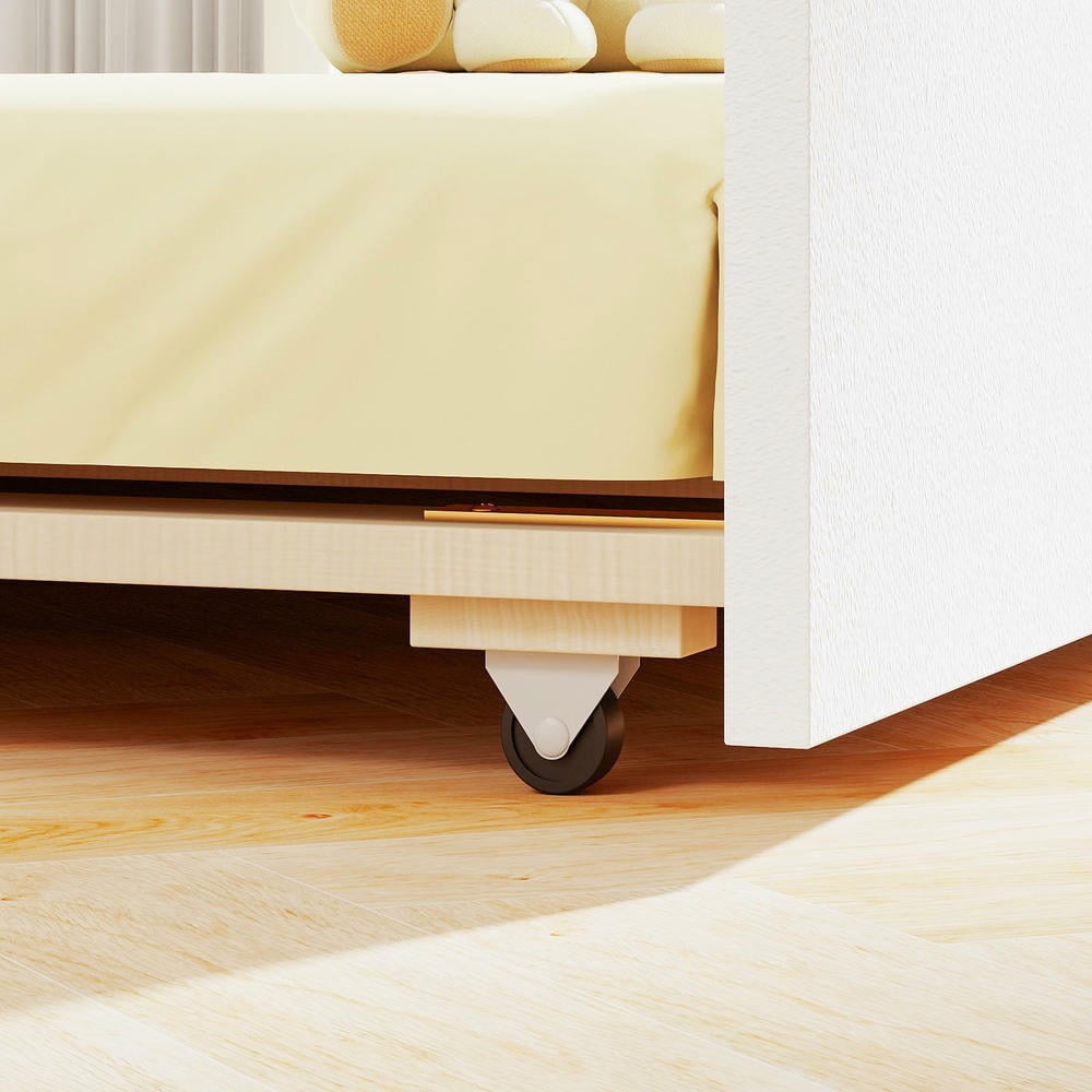 Barara King Twin Size Bedroom Trundle Bed Frame with Roof Window, Bed Platform Frame for Bedroom, Apartment, White