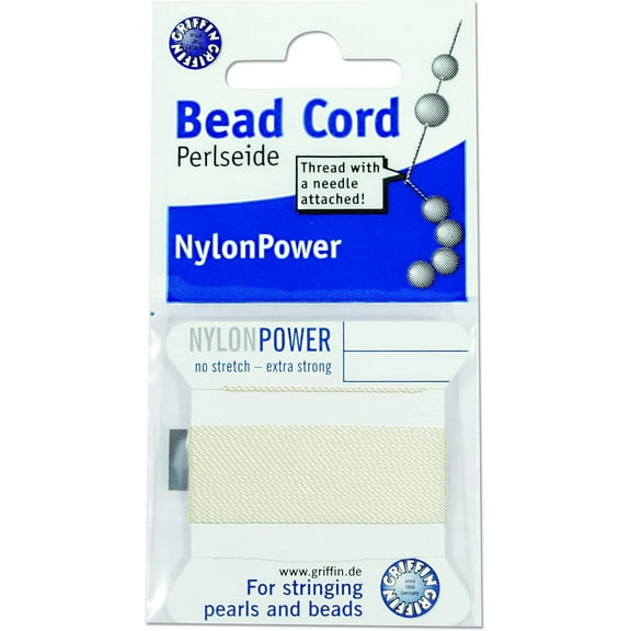 Griffin Nylon Bead Cord Perlseide - White Color – Size 6 (0.70mm) – 2 meters per card – Stainless Steel Needle Attached – For Knotting Pearls, Gemstones, Crystals and Beads