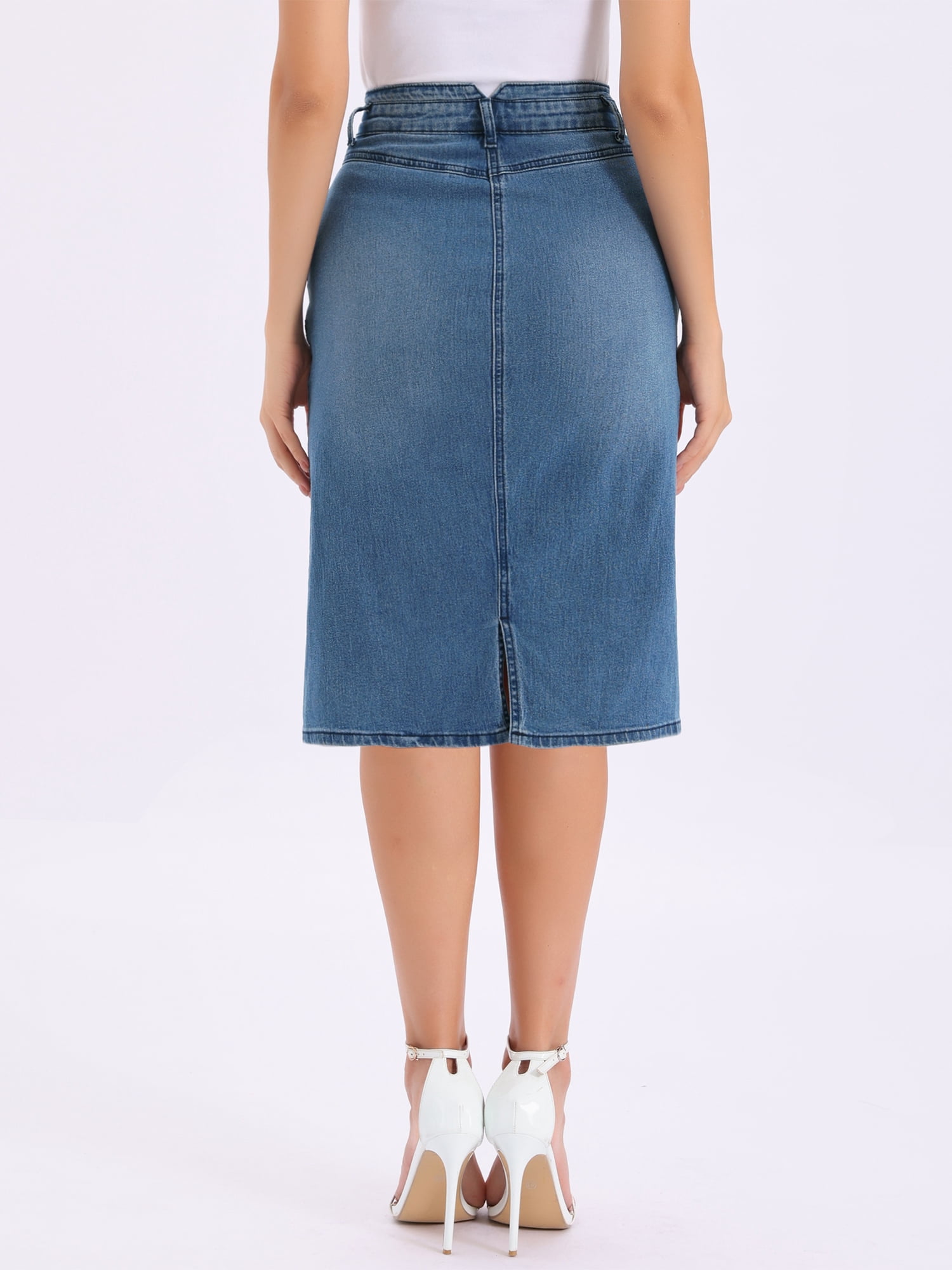 DARING DIVA Women's Back Slit Stretchy Below Knee Length Jean Skirt XS Blue