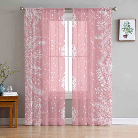ERUNPONLY Christmas Snowflakes Sheer Curtains 84 Inch Length 2 Panels Set, Winter Xmas Pine Leaf Pink Voile Window Treatment Curtains Sheers Drapes for Bedroom/Living Room/Kitchen 52"x84"x2