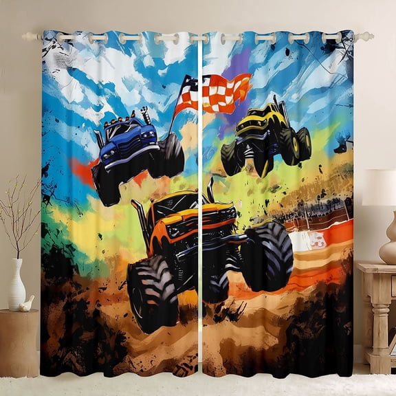 Castle Fairy Graffiti Monster Truck Black Out Curtains for Kids, Checkered Race Flag Curtains Pack of 2 (42x63 Each) for Nursery, orange green