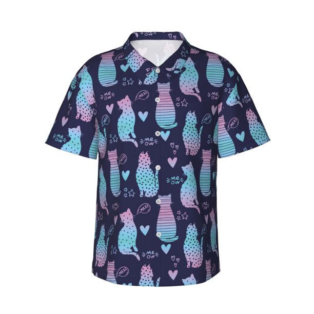 Balery Silhouette Cats Camisas hawaianas de manga corta para hombre, camisas playeras de corte holgado, camisas de vacaciones con botones,Large