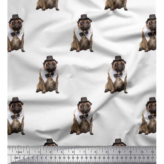 Soimoi Poly Georgette Fabric Bow,Hat & Pug Dog Print Sewing Fabric Yard 42 Inch Wide