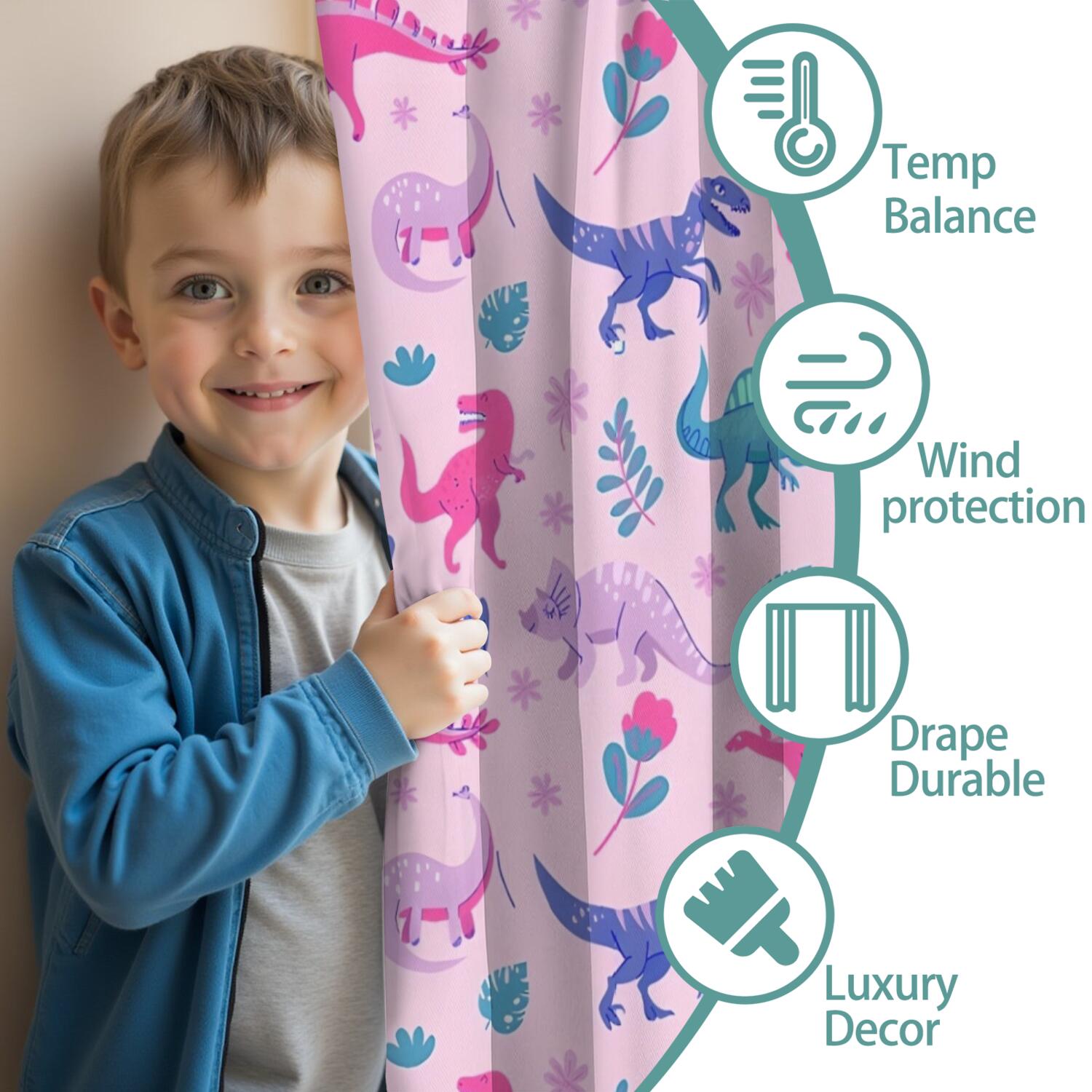 Blackout Kids Curtains,Pink Dinosaurs Flowers Leaves Pattern Childrens Insulated Curtains Set Of 2,Bedroom Essentials,Toddler Room Decor 42"x54"
