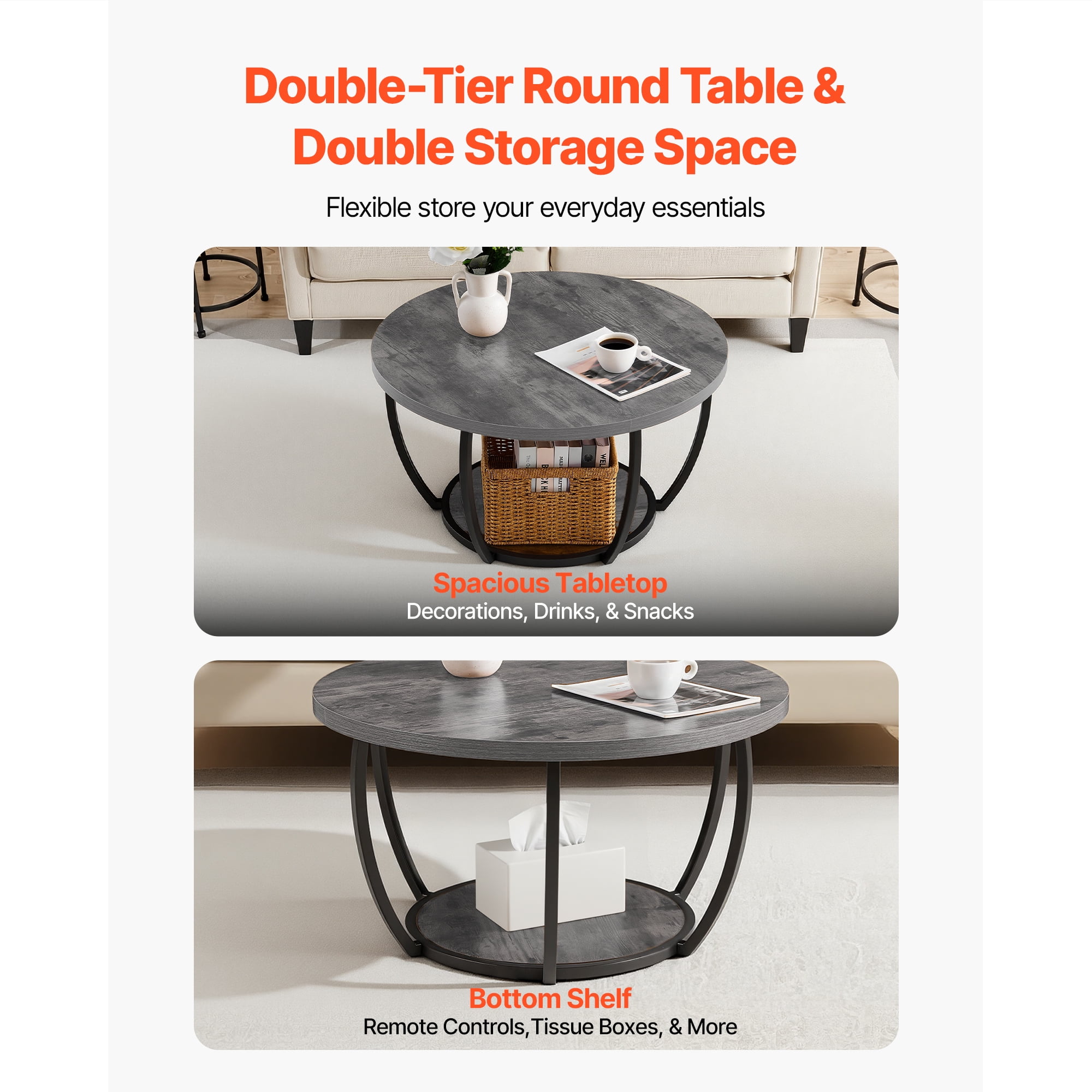 KFFKFF Round Coffee Table, Modern 2-Tier Wooden Center Table with Open Storage, Minimalist Design with Sturdy Metal Frame for Living Room or Office, Easy to Assemble, Grey