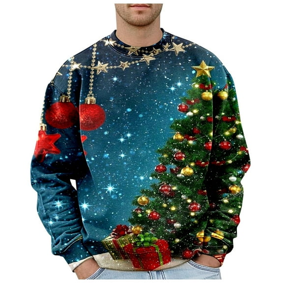 Mens Christmas Sweatshirts Fall Tops Crew Neck Loose Fit Logo Print Hip Hop Fashion Holiday Mens Work Clothing,Dark Blue,M