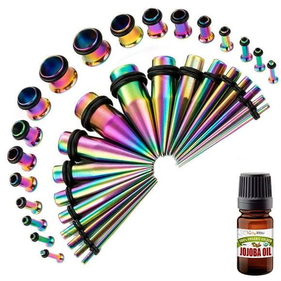 BodyJ4You 37PC Gauges Kit Ear Stretching Jojoba Oil Wax 14G-00G Rainbow Steel Tunnel Taper Set