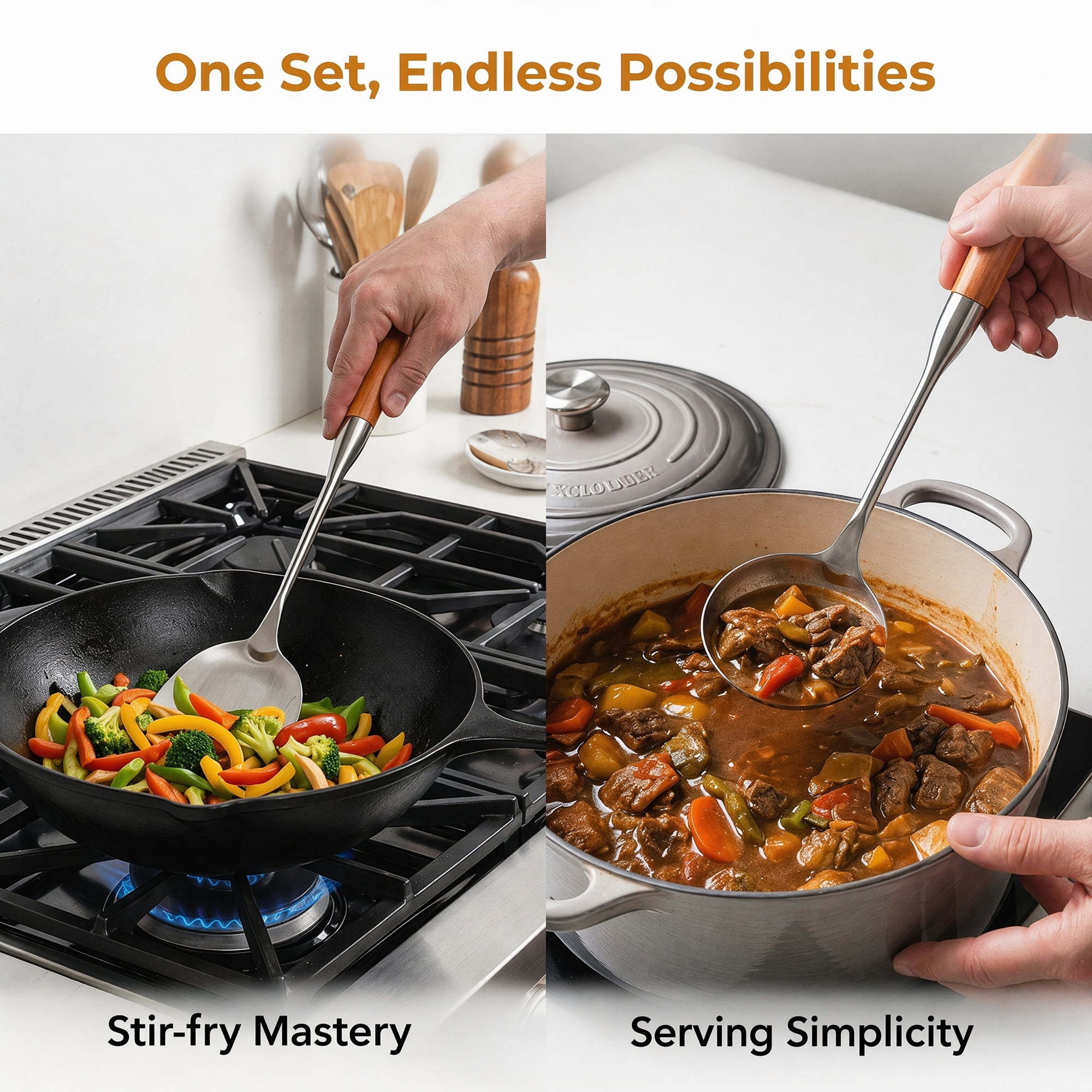 Unique Bargains Essential Stainless Steel Cooking Utensil Set for Cooking Brown A 2pcs